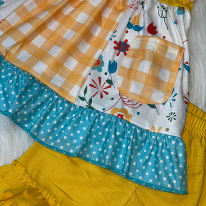 Yellow Pocket Tunic and Short Set with Blue Polka Dot Ruffle
