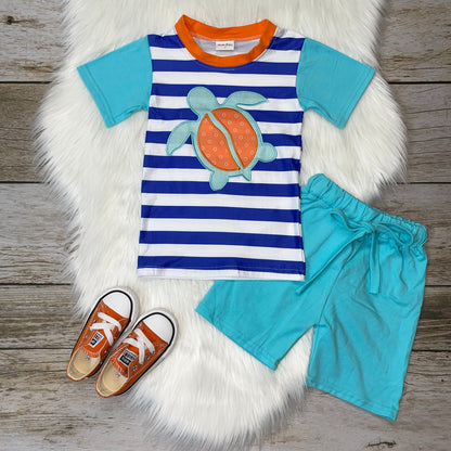 Blue and Teal Embroidered Sea Turtle Raglan and Shorts