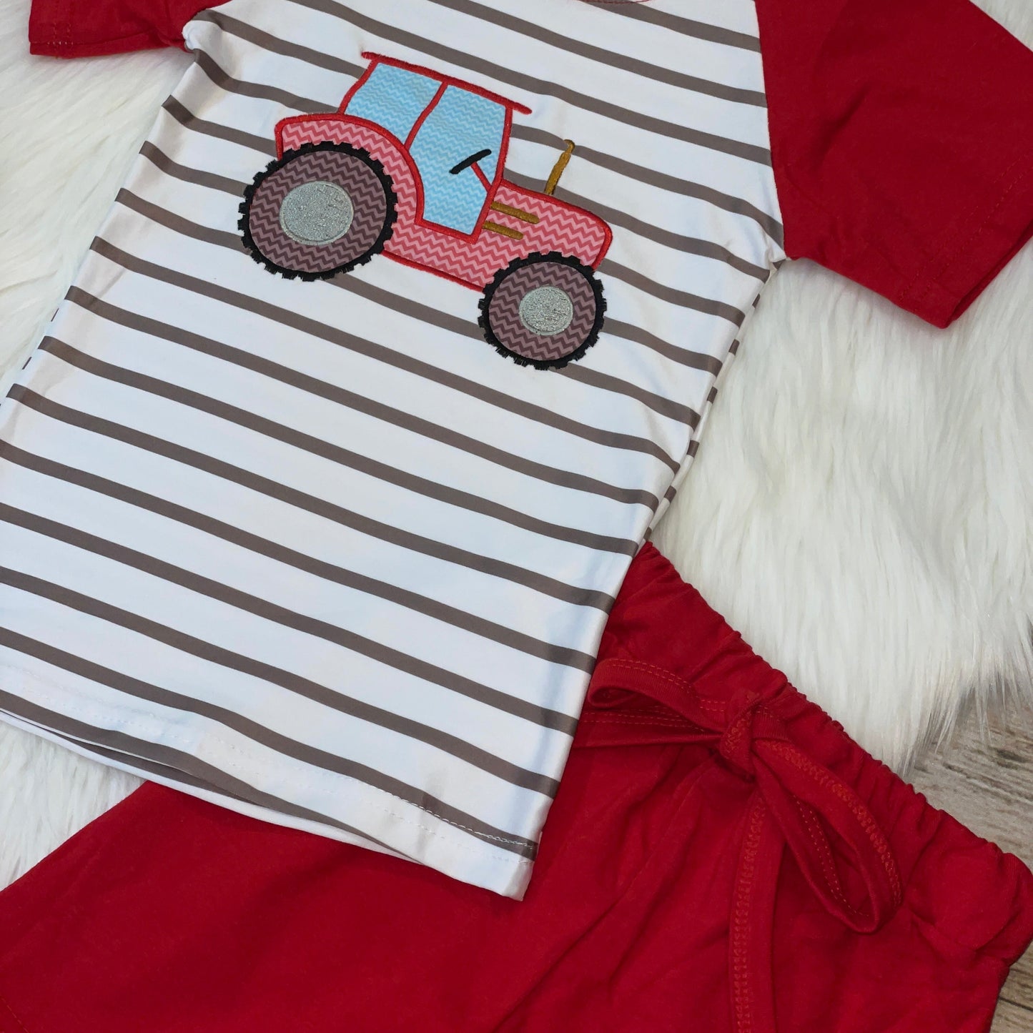 Red & Grey Embroidered Tractor Raglan and Short Set
