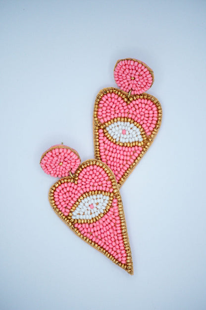 Heart Evil Eye Seed Bead Earrings in Pink