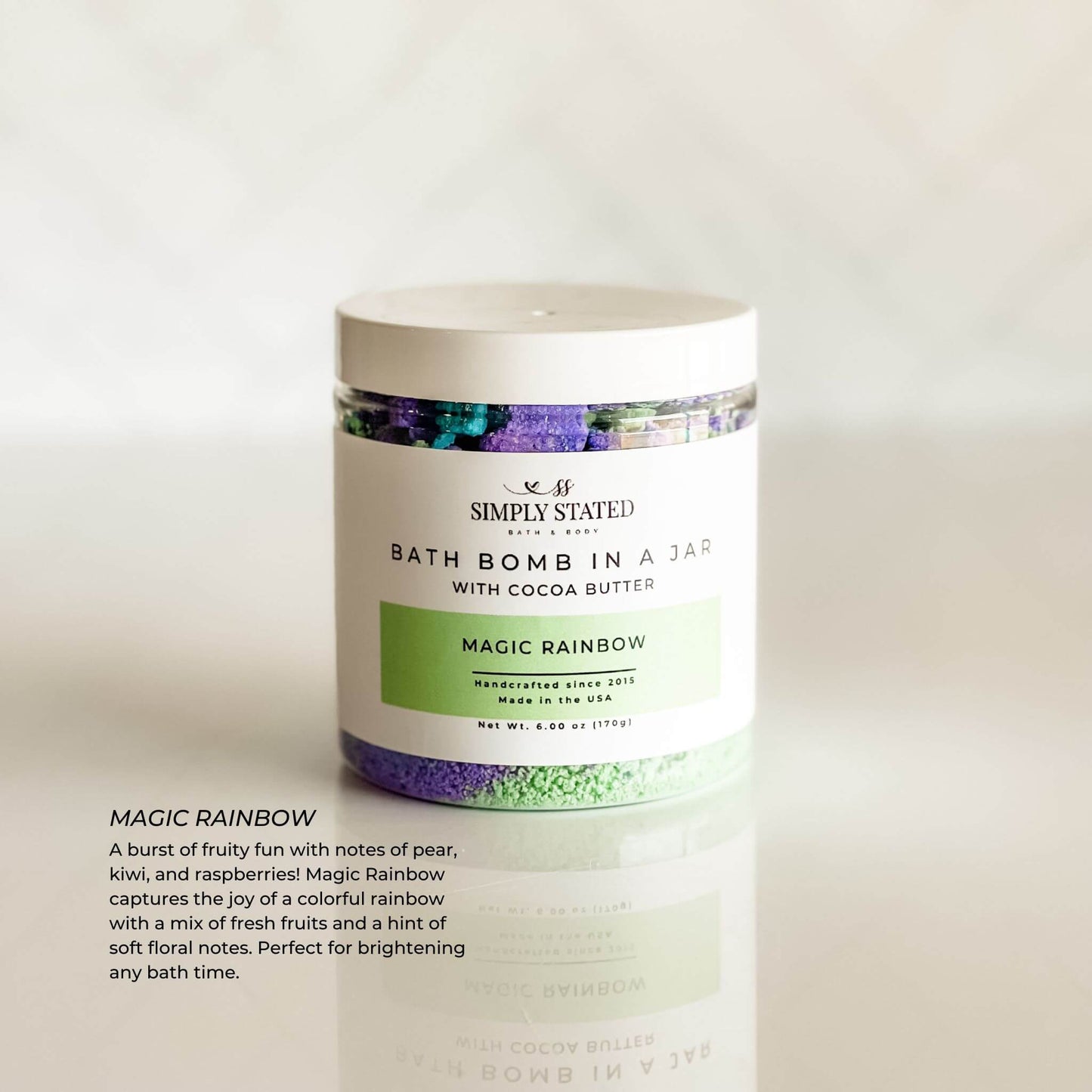 Kids Bath Bomb in a Jar – Magic Rainbow scent, a fruity and floral blend that makes bath time exciting and skin softening.