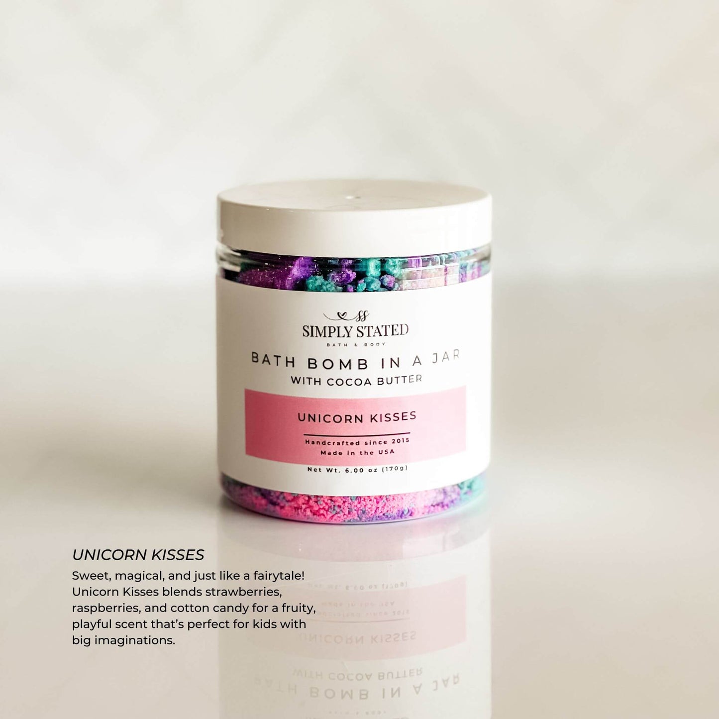 Kids Bath Bomb in a Jar – Unicorn Kisses scent, a magical mix of strawberries and raspberries for fun, fizzy bath adventures.