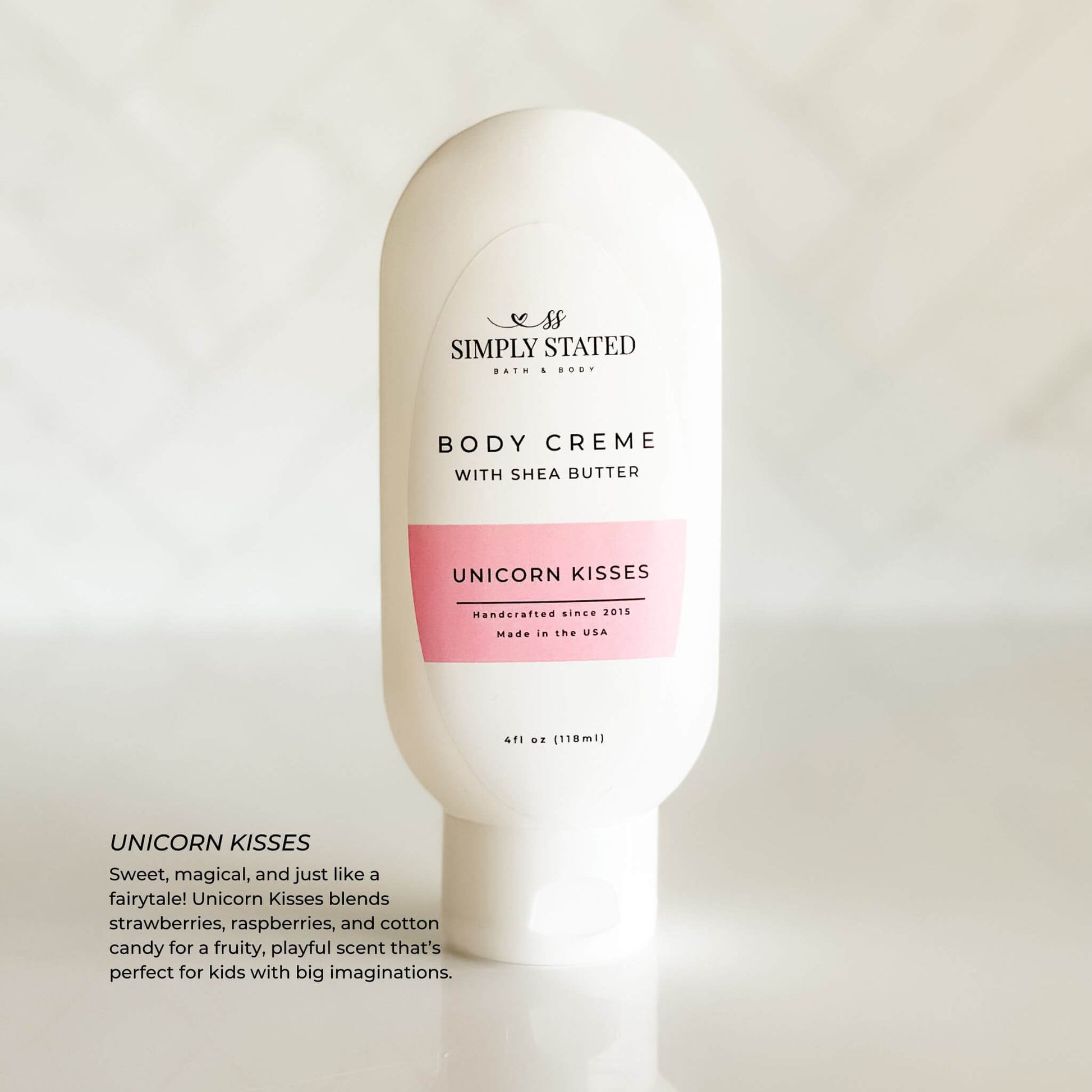 Unicorn Kisses Kids Body Crème – a moisturizing, lightly fragranced lotion with whimsical fruity scents.