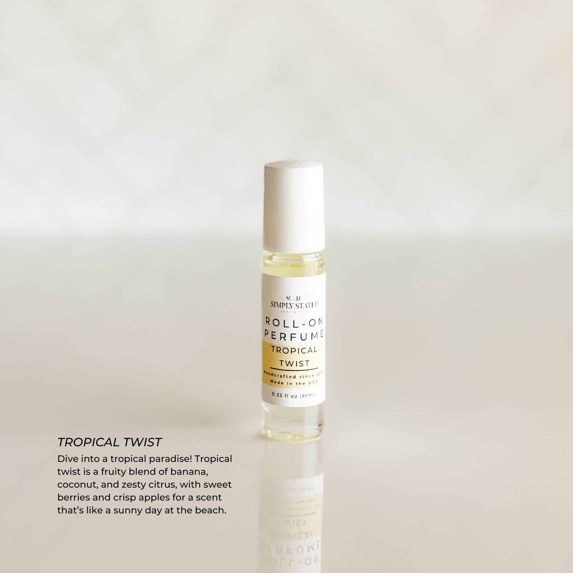 A tropical-scented kids' roll-on perfume with notes of banana, coconut, and citrus, offering a fun and safe fragrance for little ones.