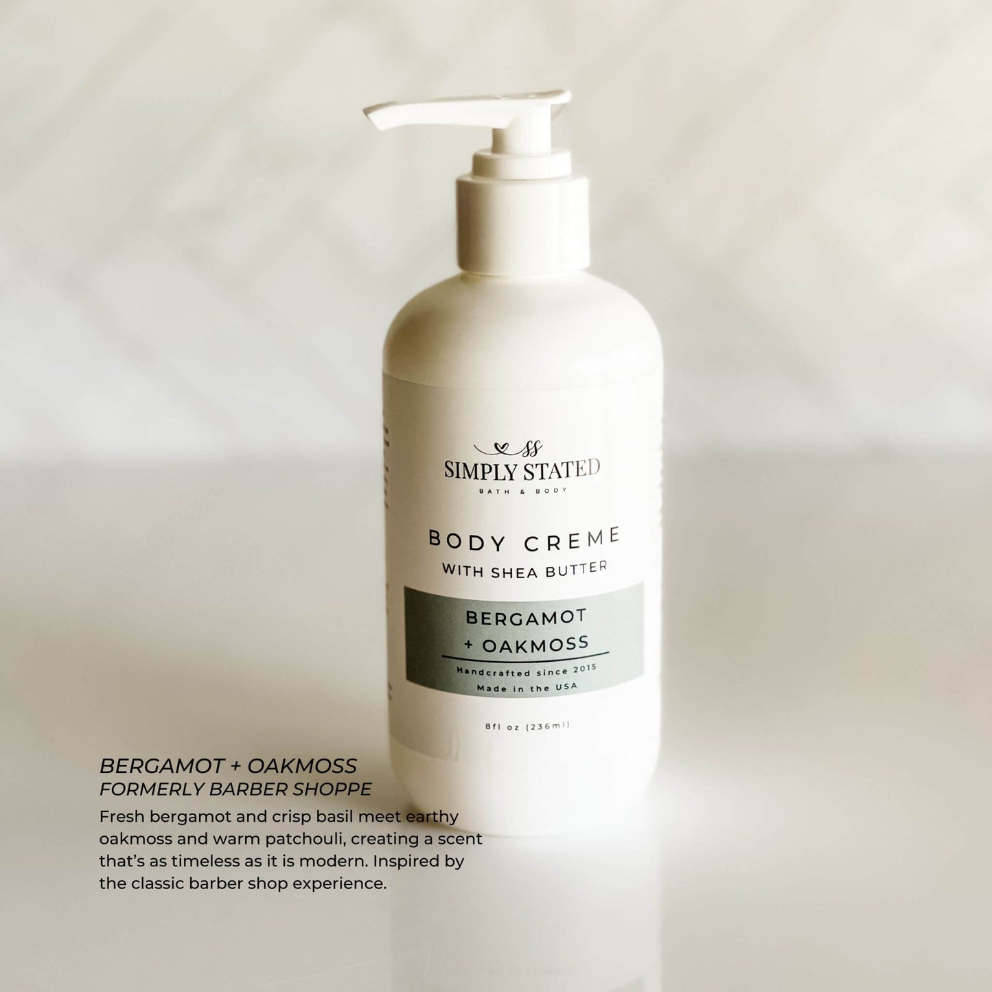 8 oz pump bottle of Bergamot + Oakmoss from Simply Stated’s men’s skincare collection.