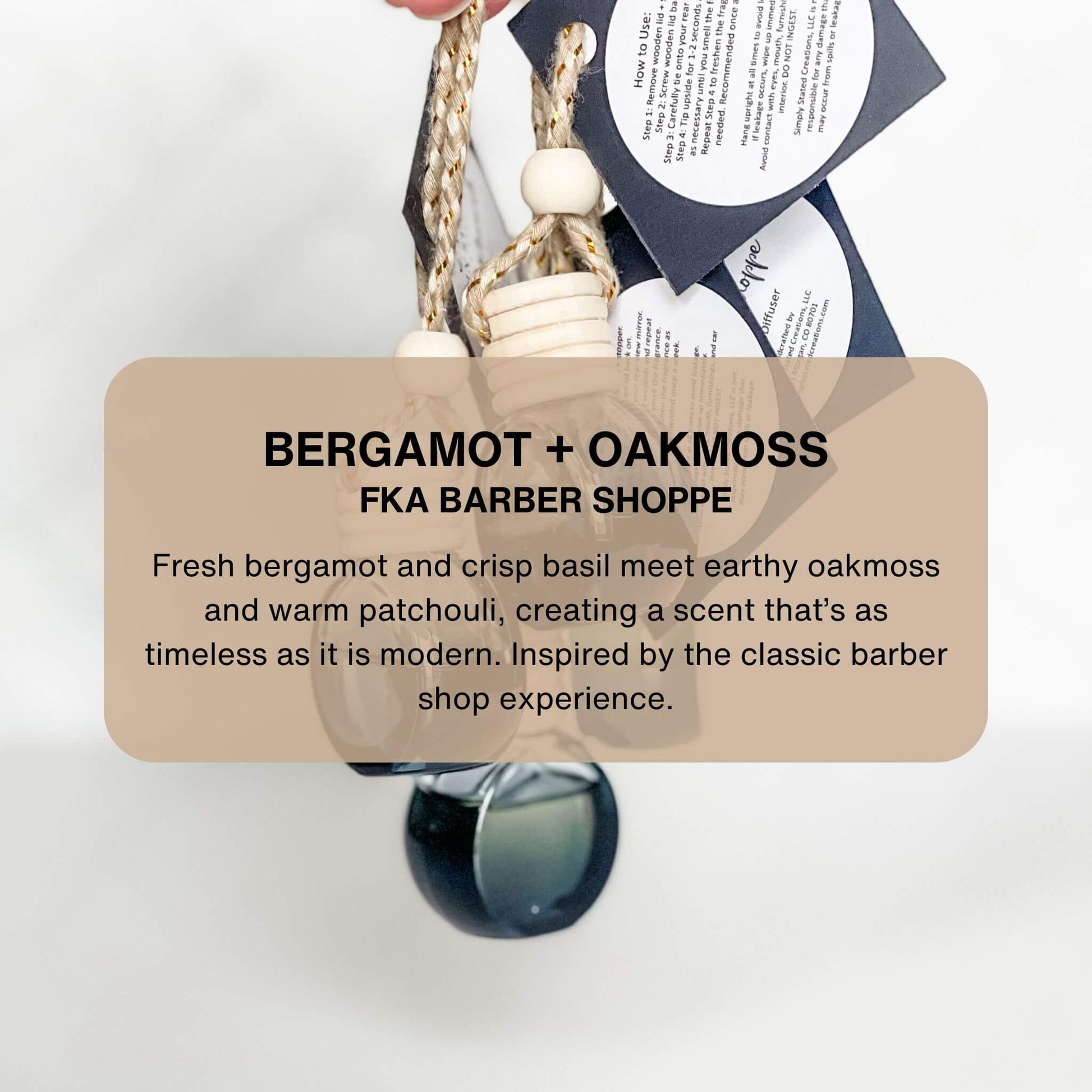 Simply Stated Men’s Car Diffuser in Bergamot + Oakmoss with wood top and black tag