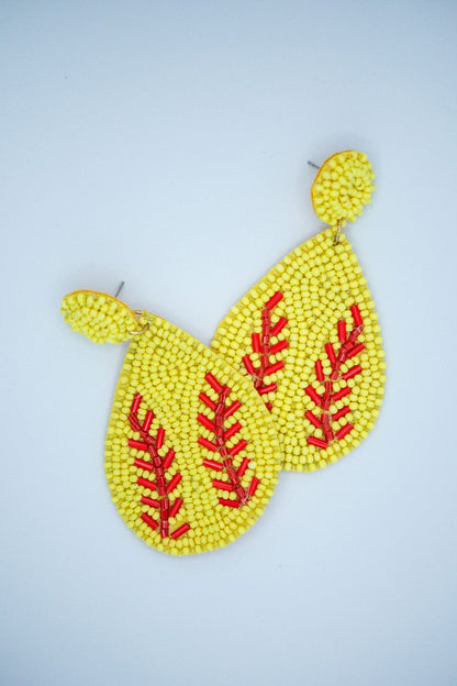Softball Teardrop Seed Bead Earrings in Yellow
