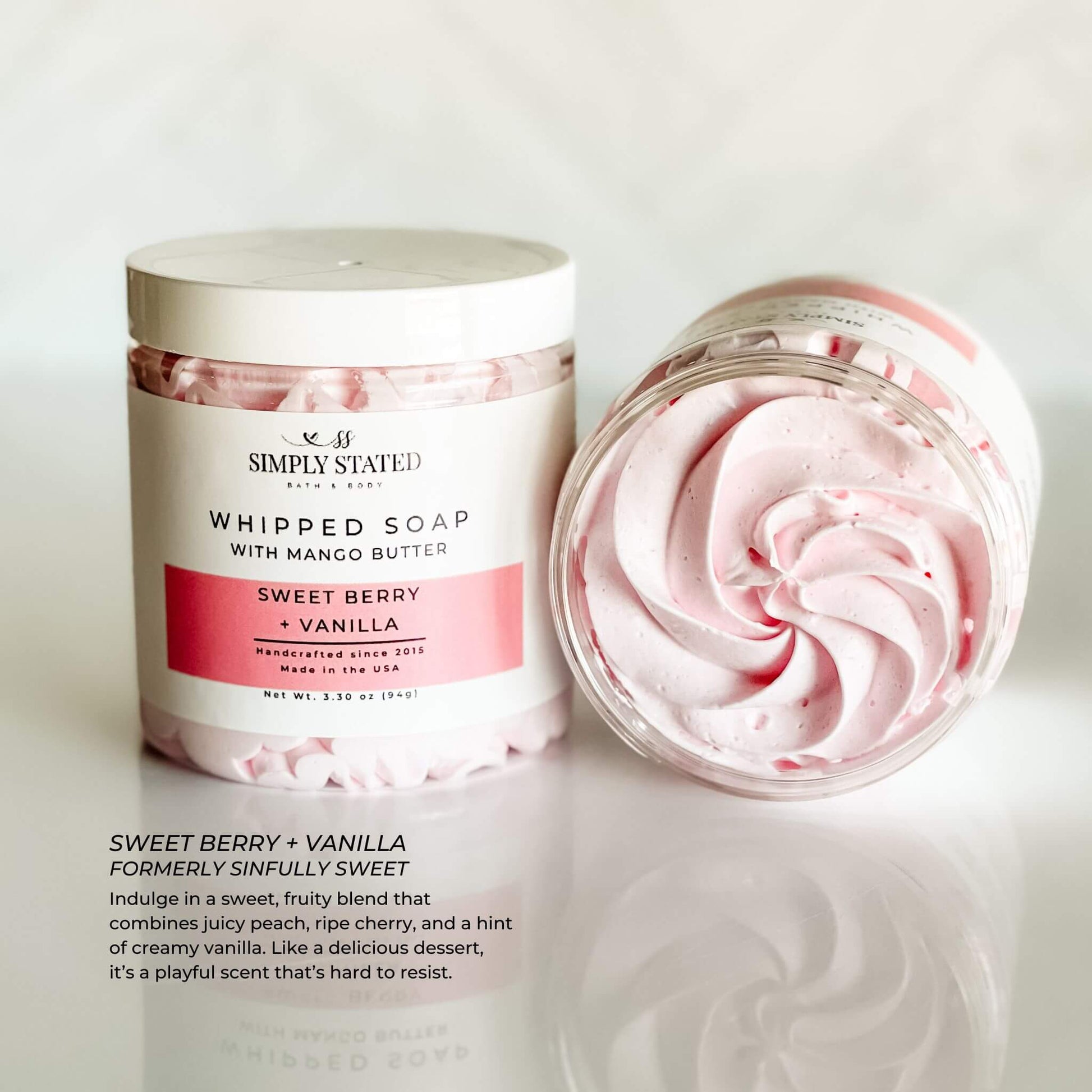 Signature Line Whipped Soap Sweet Berry + Vanilla, 8oz jar, a fruity whipped soap with juicy peach, ripe cherry, and creamy vanilla, featuring mango butter for a nourishing and playful cleanse.