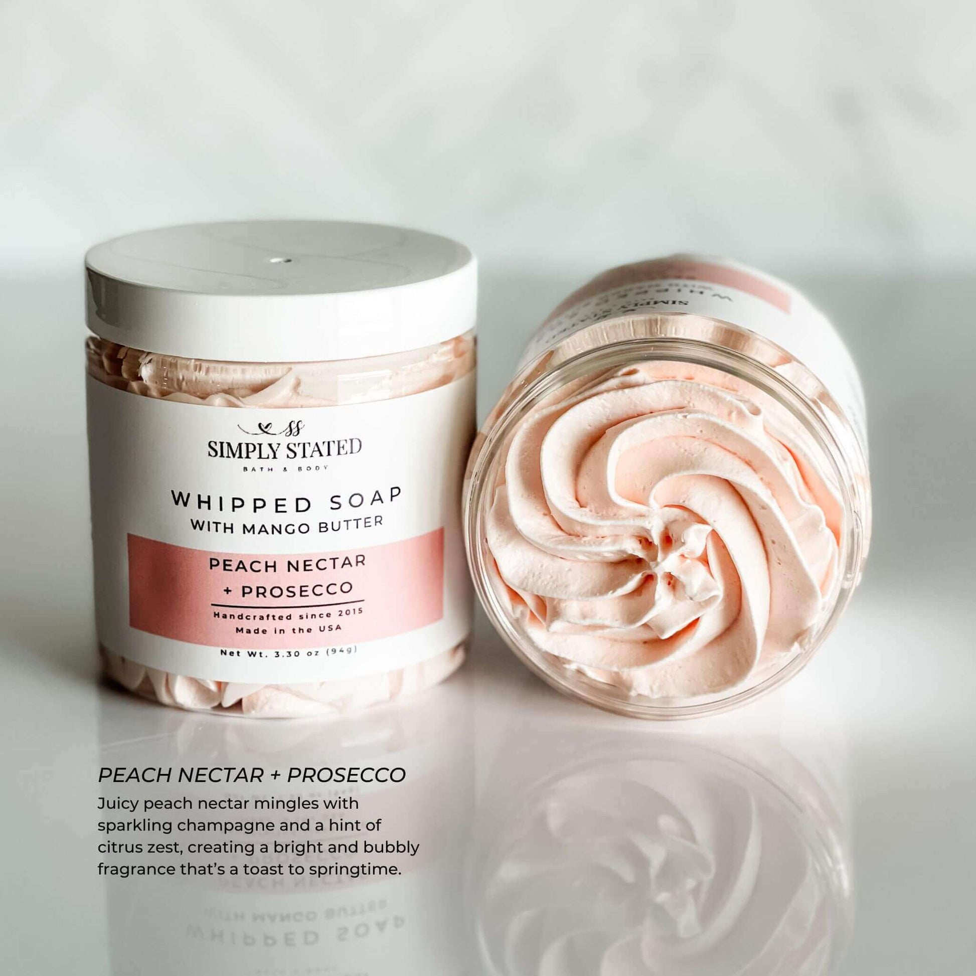 Peach Nectar + Prosecco Whipped Soap jar and open swirl close-up.