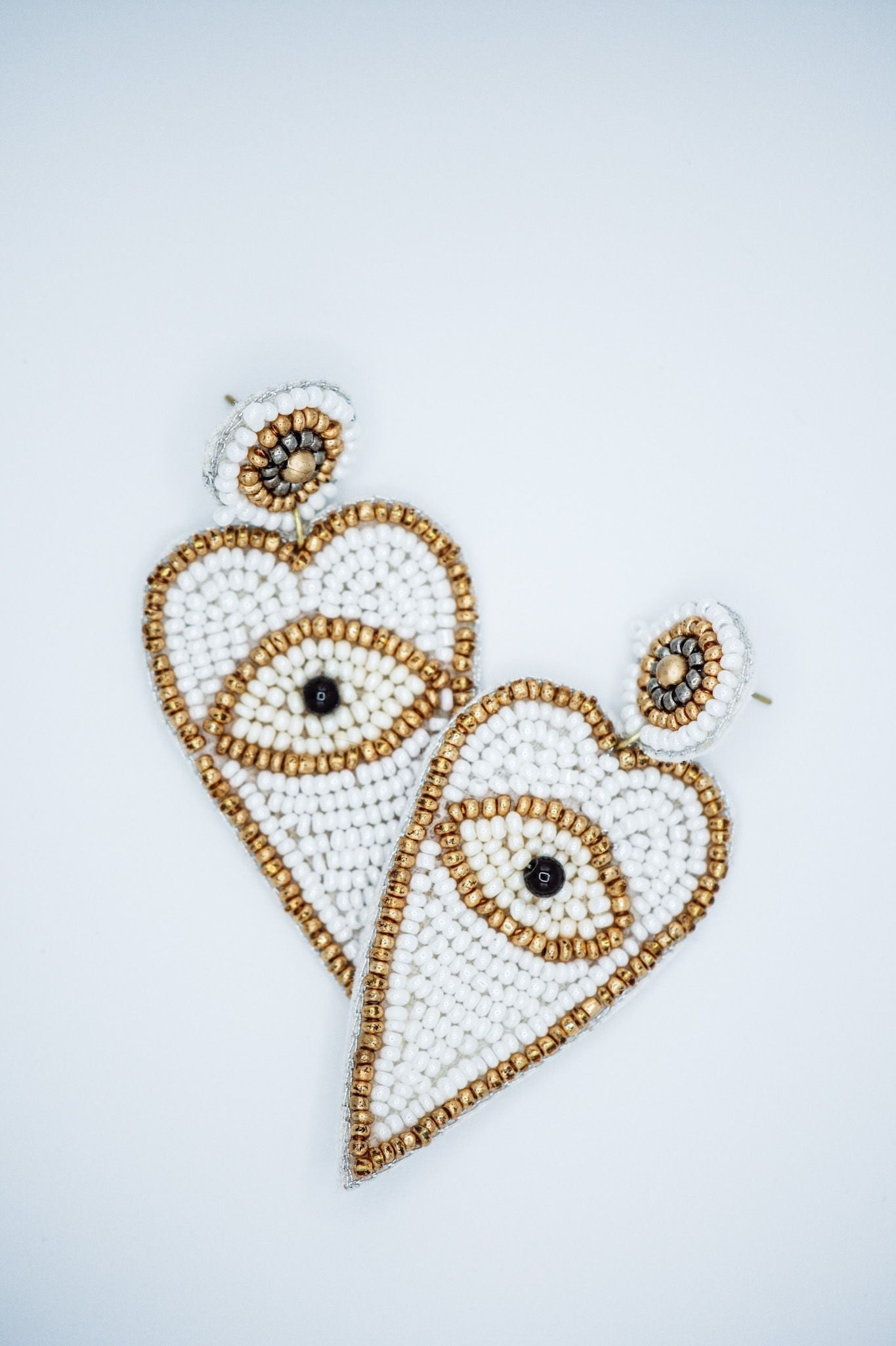 Heart Evil Eye Seed Bead Earrings in White