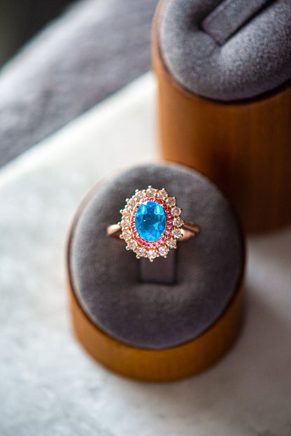 Navy Sapphire Blue Halo Rose Gold Ring