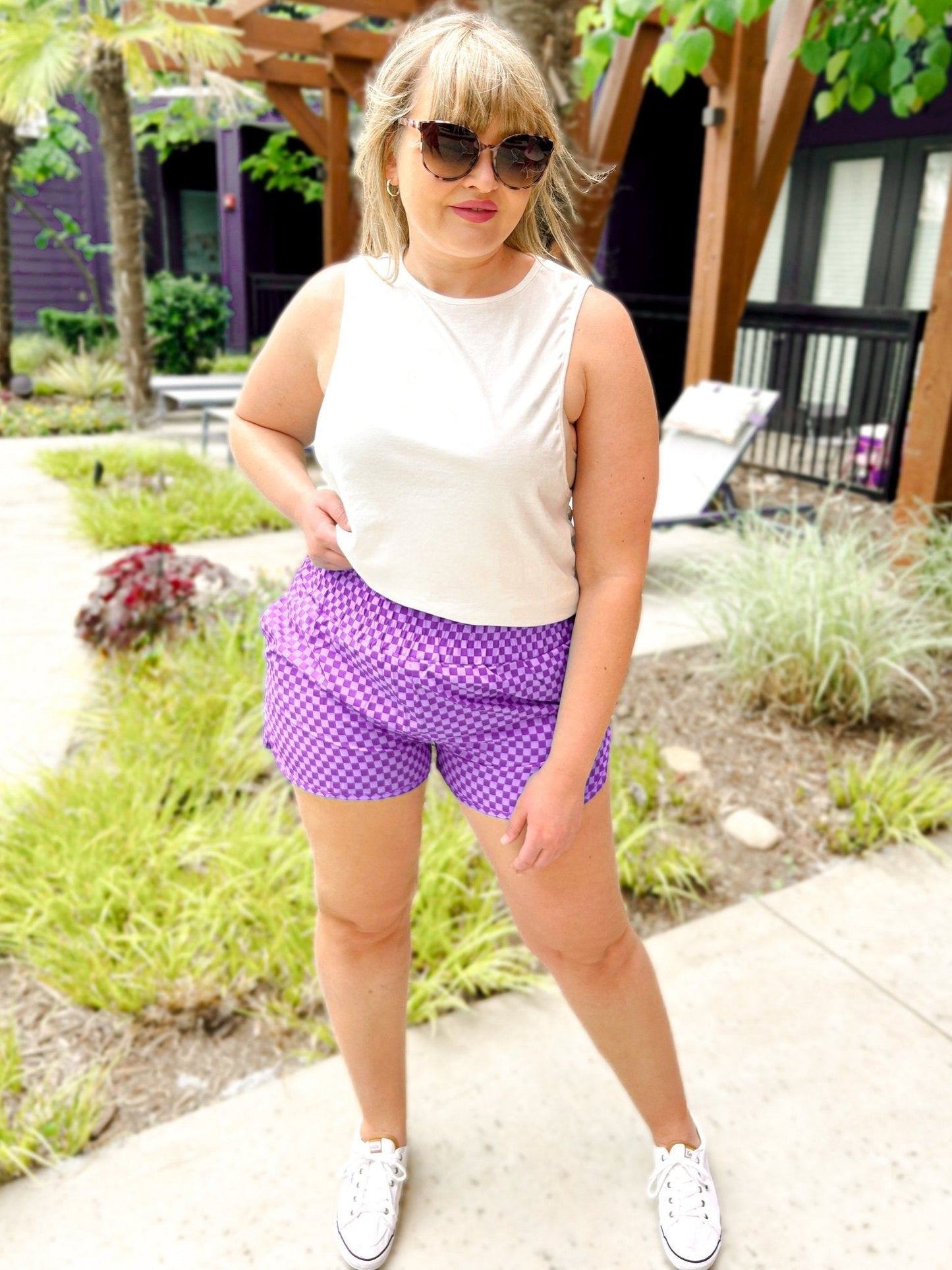 Checkered Tummy Control Athletic Shorts with Pockets - Girl Code Couture