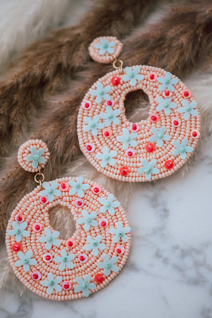 Penny Seed Beaded Floral Post Earrings in Pink