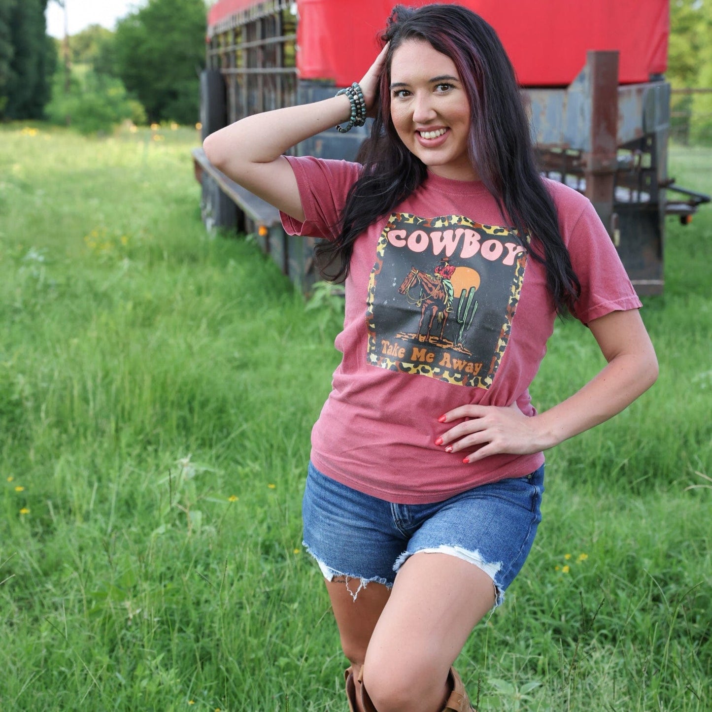 FestiviTees Women - Apparel - Shirts - T-Shirts Cowboy Take Me Away Leopard Border Soft Graphic Tee