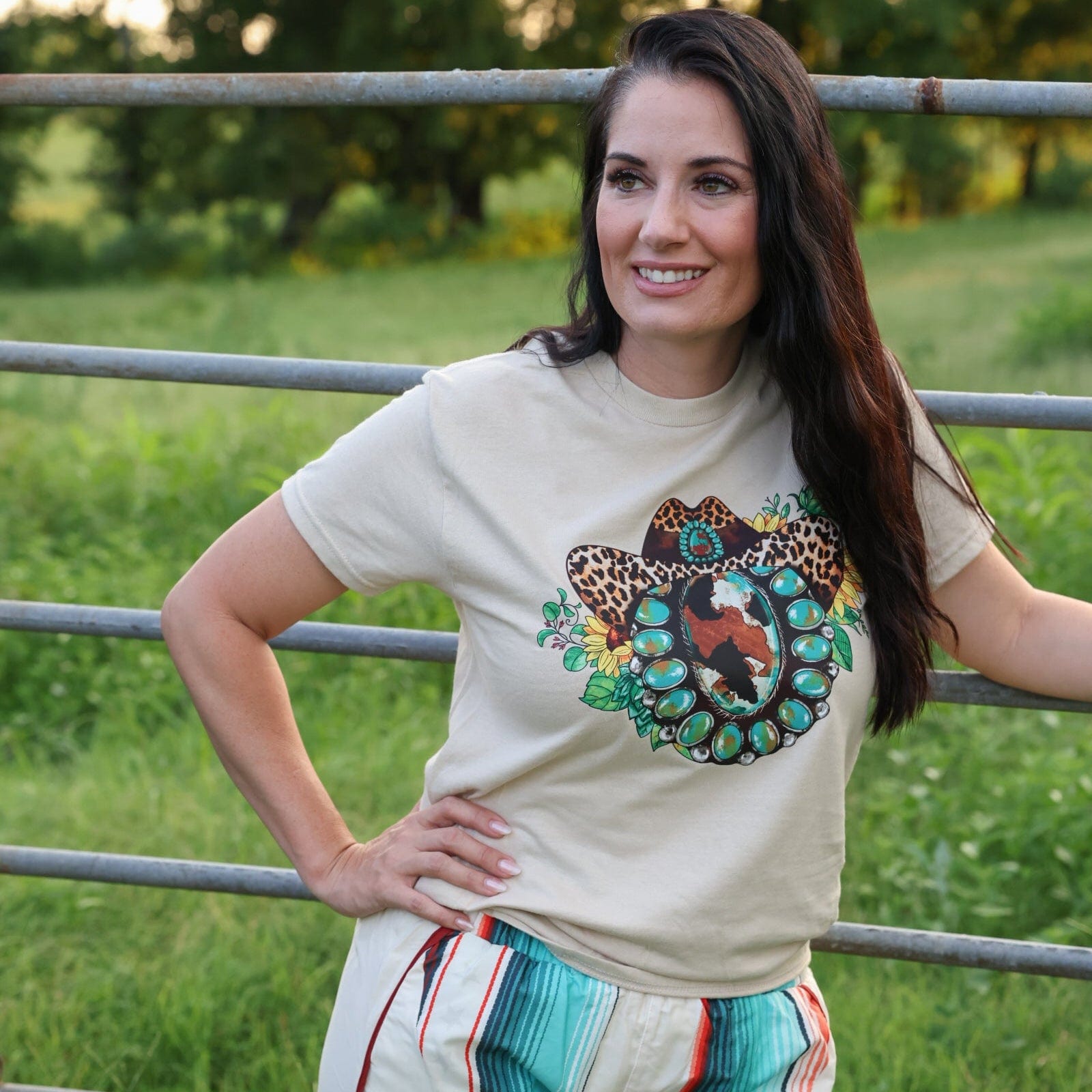 FestiviTees Women - Apparel - Shirts - T-Shirts Leopard Hat Turquoise Squash Blossom Soft Graphic Tee