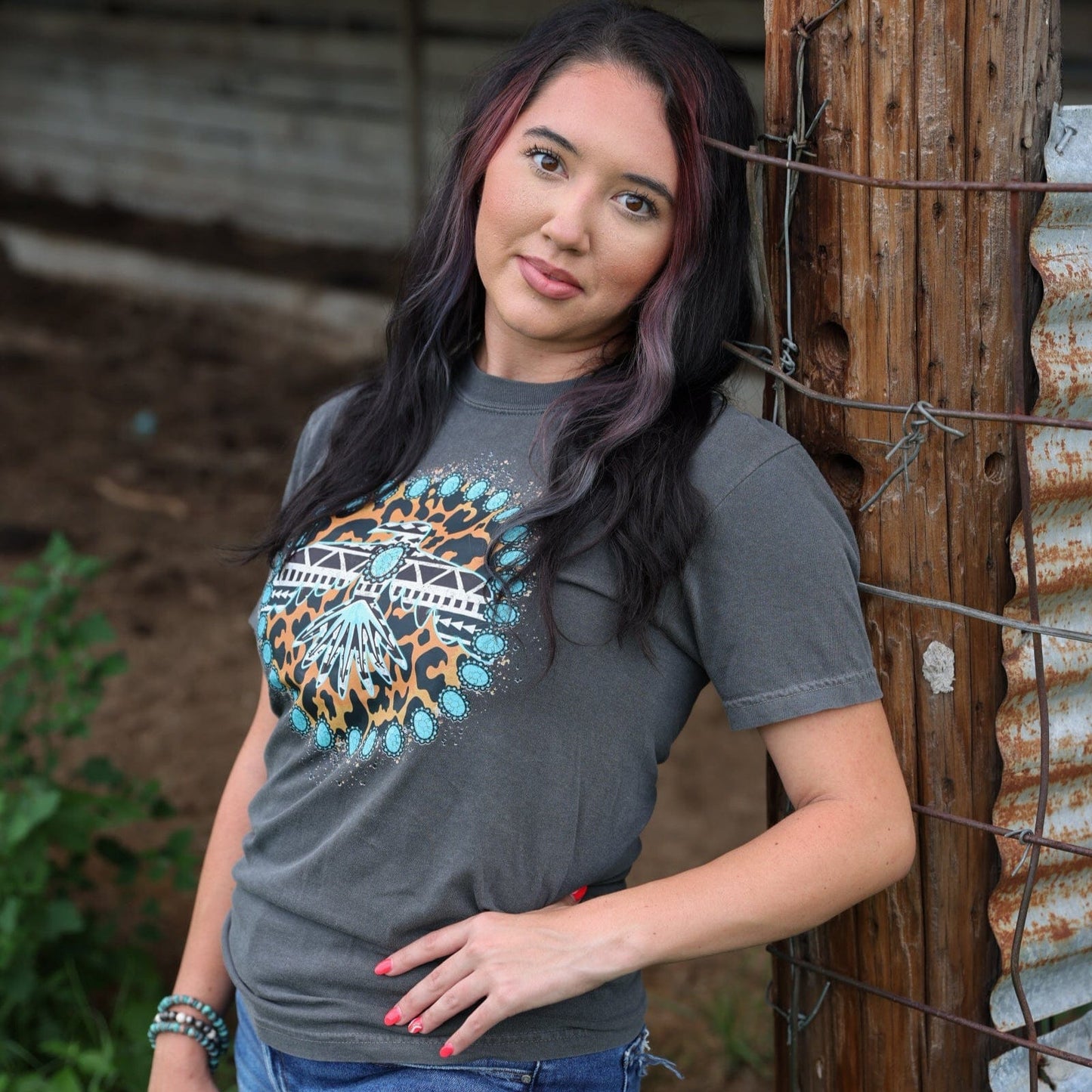 FestiviTees Women - Apparel - Shirts - T-Shirts Turquoise Thunderbird Aztec Leopard Soft Graphic Tee