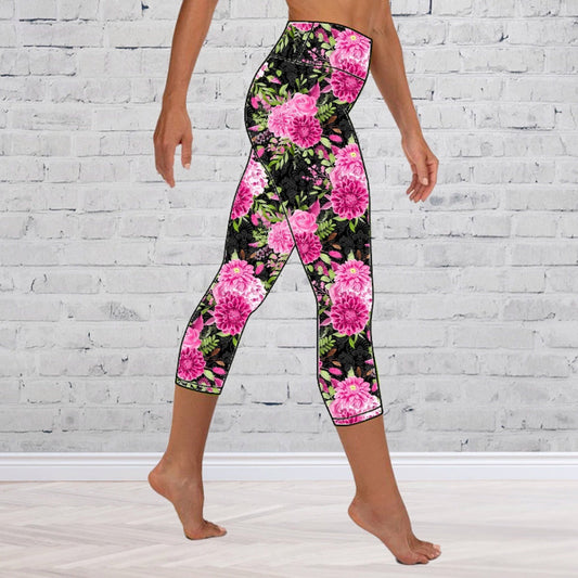 Black & Pink Floral Mom Leggings