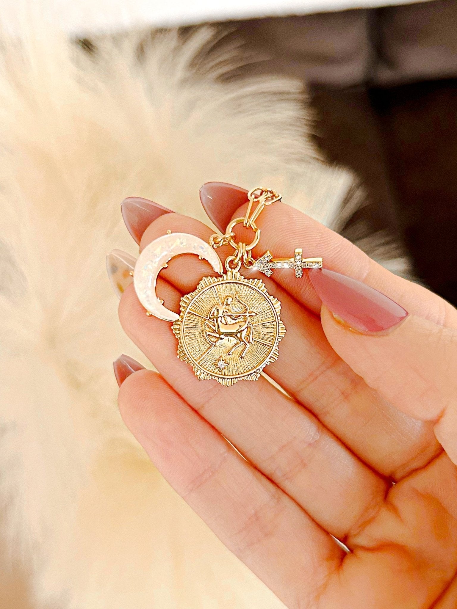 PRE - ORDER 3 Charm Zodiac & Moon Cubic Zirconia Pendant Necklace - Girl Code Couture