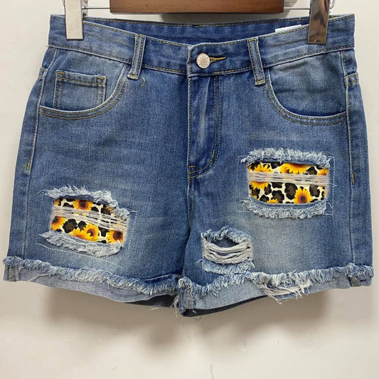 Women's Distressed Sunflower Patch Denim Shorts