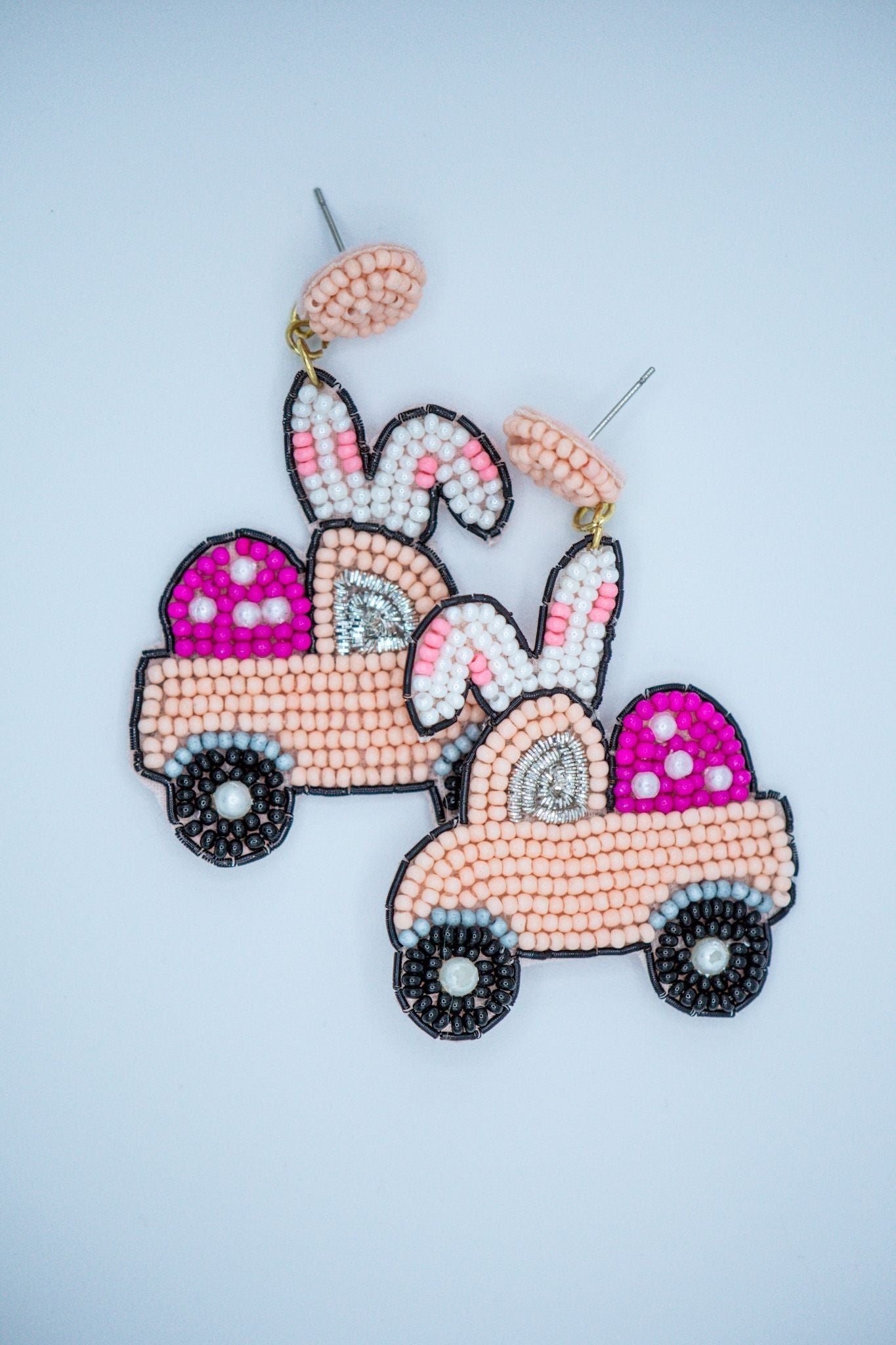 Easter Bunny Car Seed Bead Earrings in Ivory
