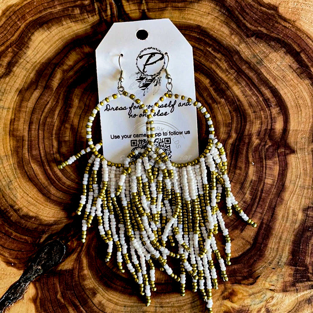 WHITE AND GOLD BEADED HOOP EARRINGS