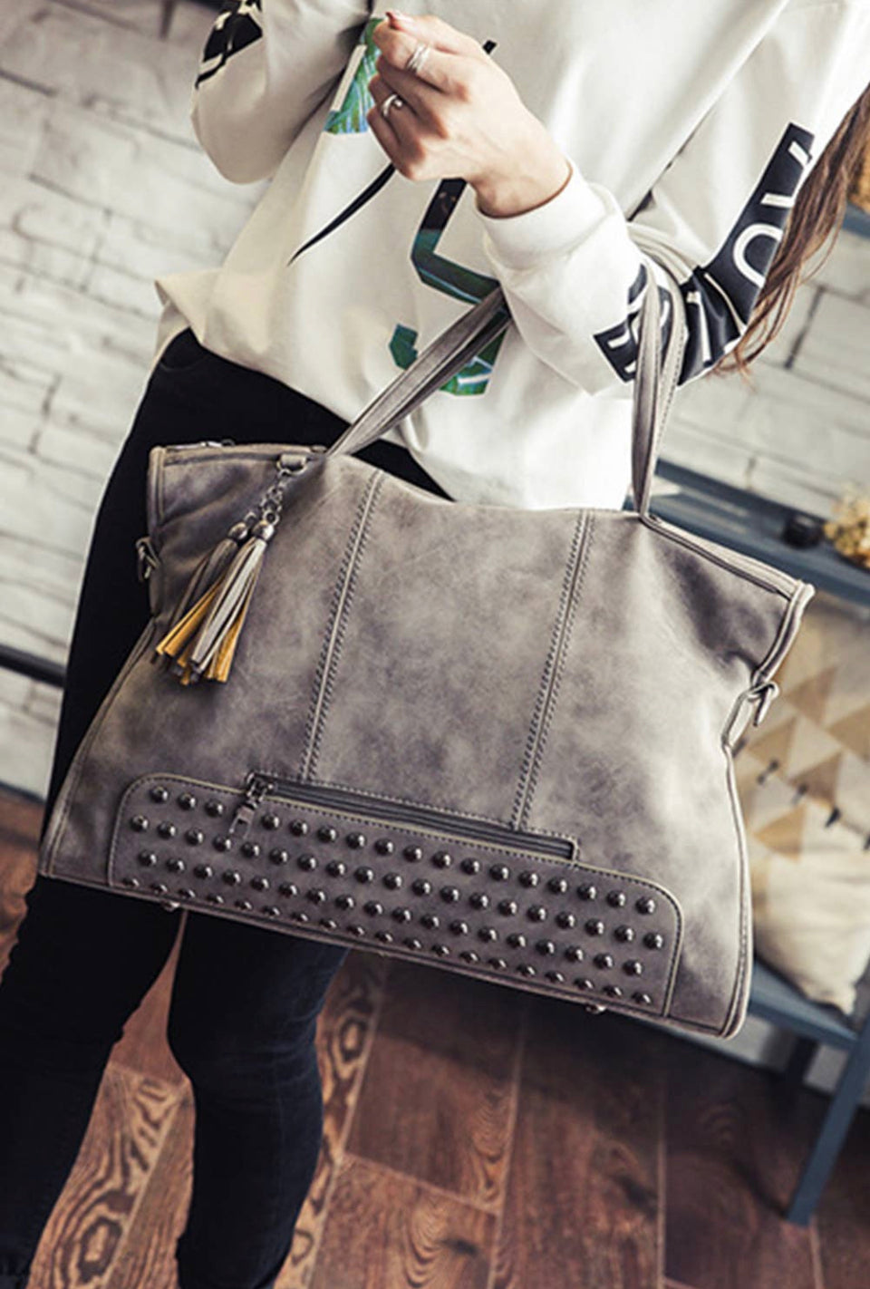 Gray Vintage Studded Handbag / Tote