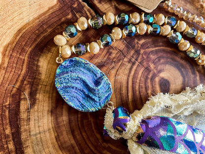 Mystical Mermaids Beaded Necklace with Stone Pendant and Scales & Lace Tassels